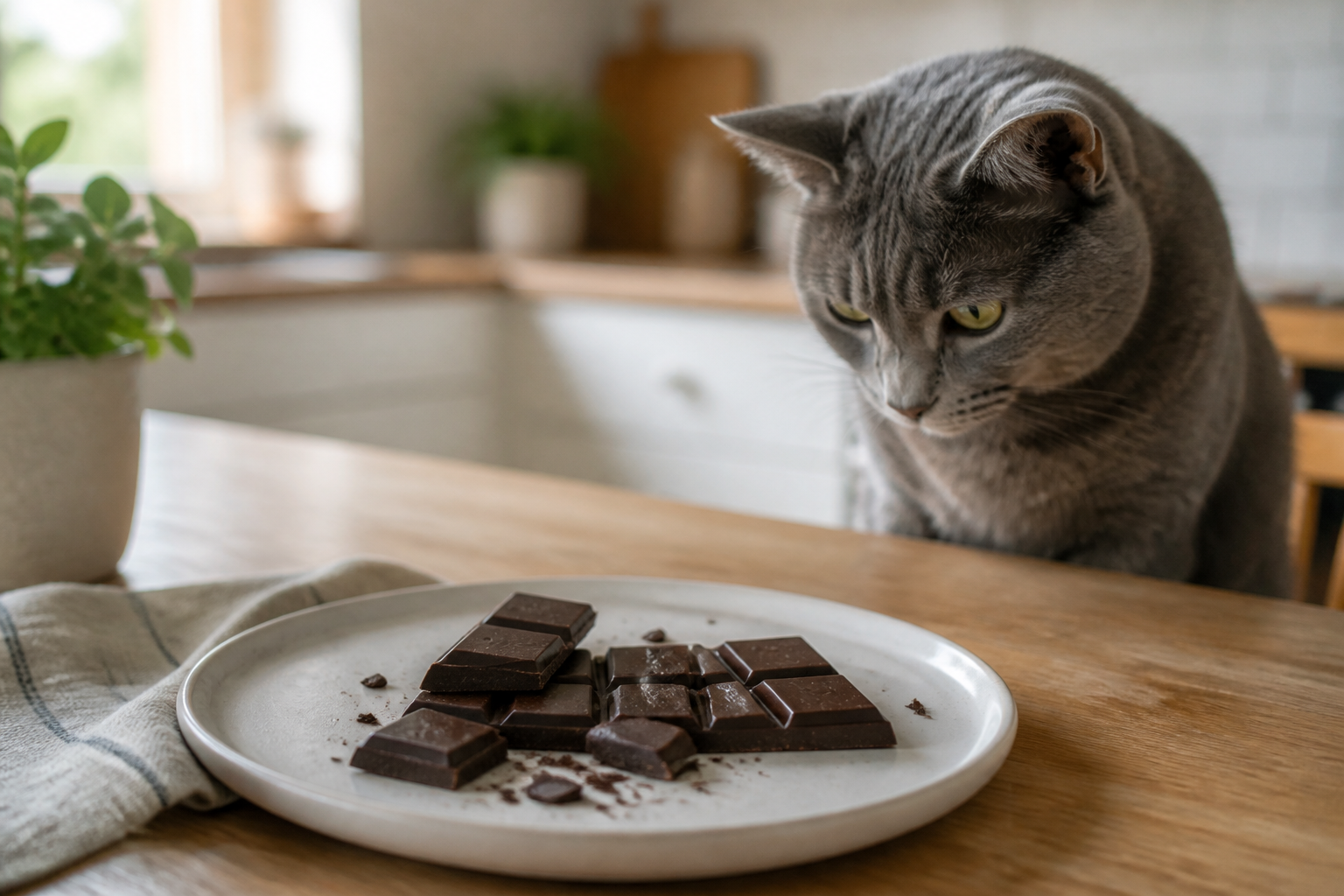 Chocolate bar near a cat - toxic food hazard