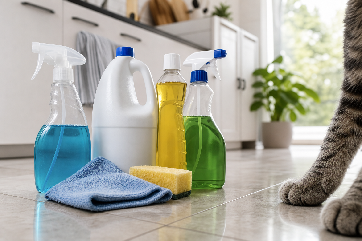 Household cleaning products near a cat