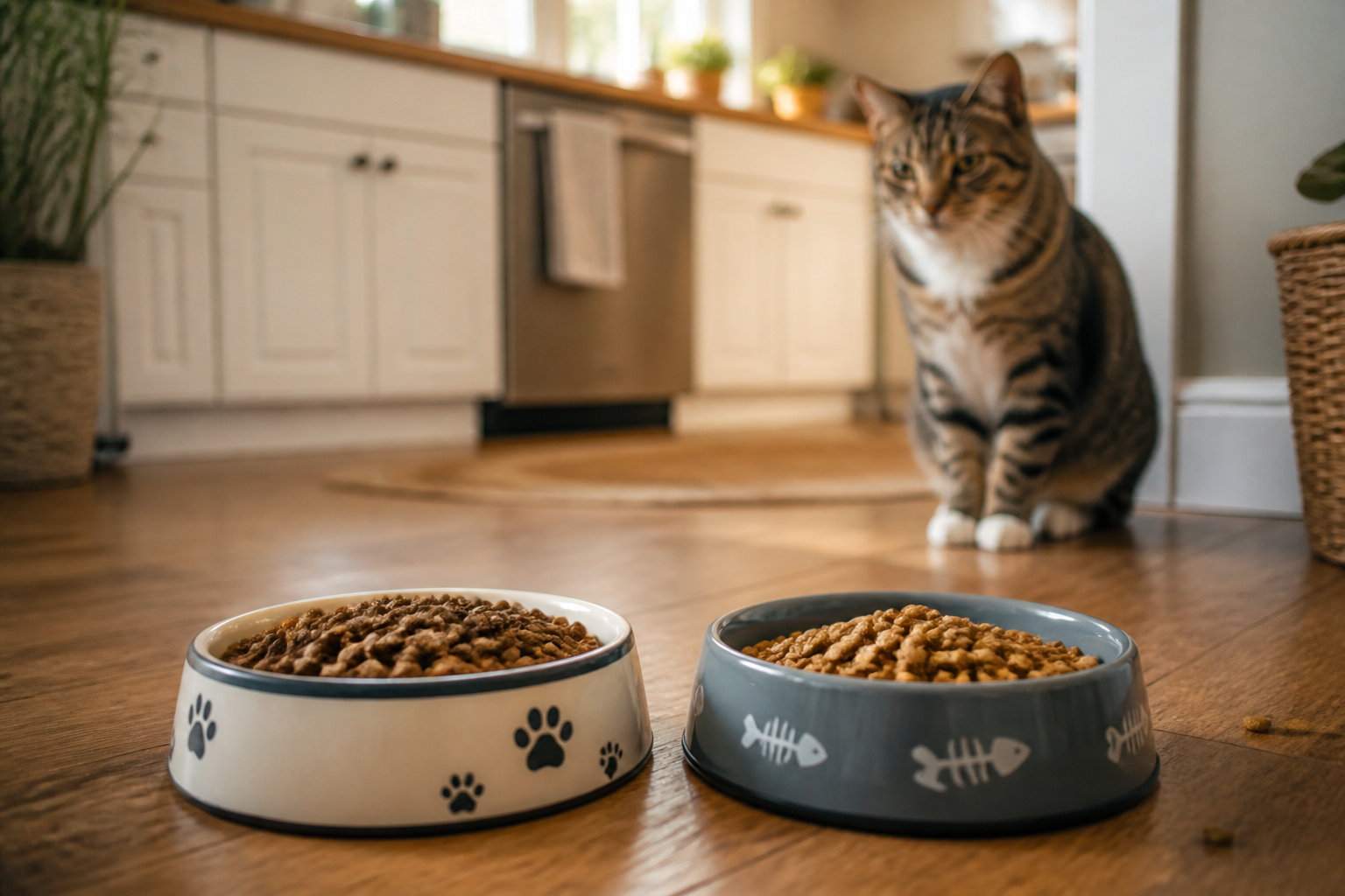 Dog food bowl near a curious cat