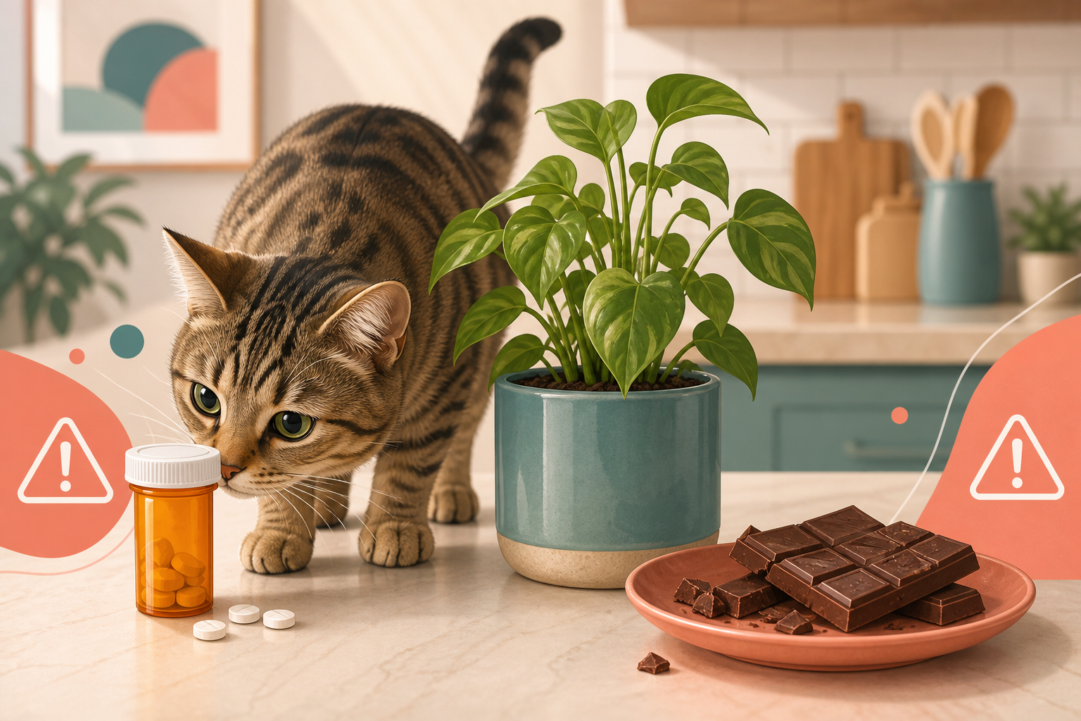 Curious cat near household items that may be toxic